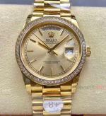 Rolex 8+ Factory Gain weight 36 DayDate Gold dial Replica Watch with Baguette Bezel